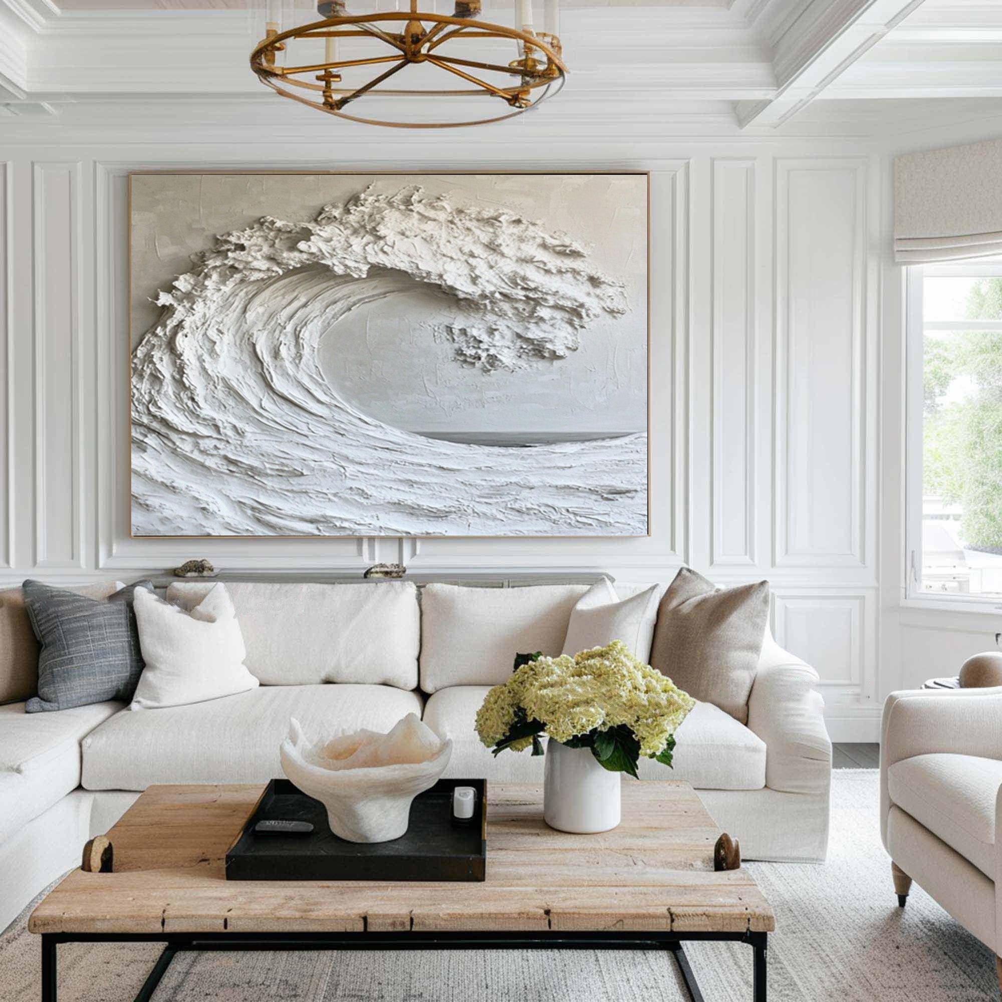 Large White Wave Abstract Art Textured Coastal Decor #WG 048