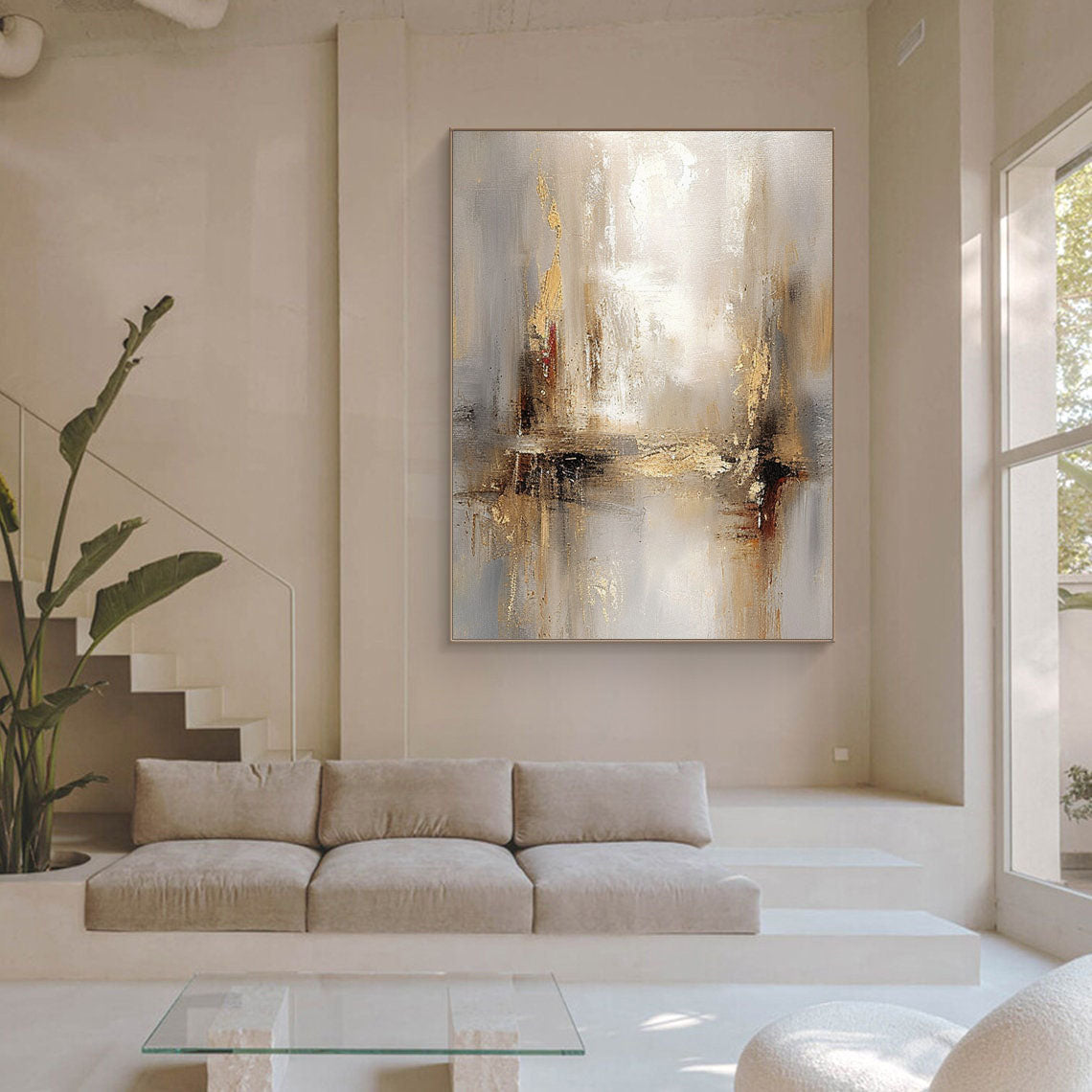 Grey And Beige Abstract Painting Gold Foil Texture Painting#AVG 004