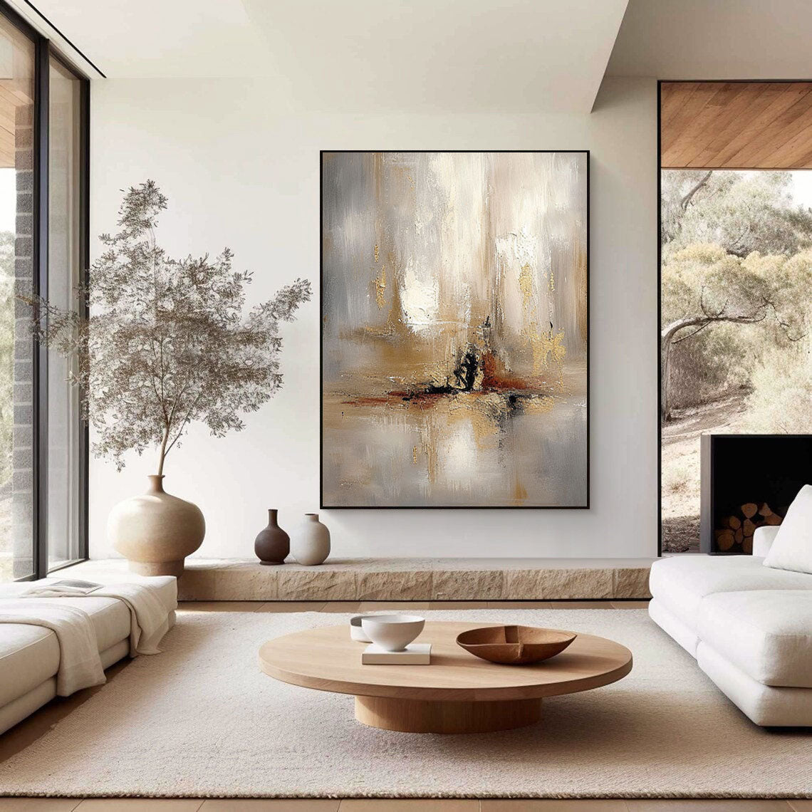 Grey And Beige Abstract Painting Gold Foil Texture Painting#AVG 005