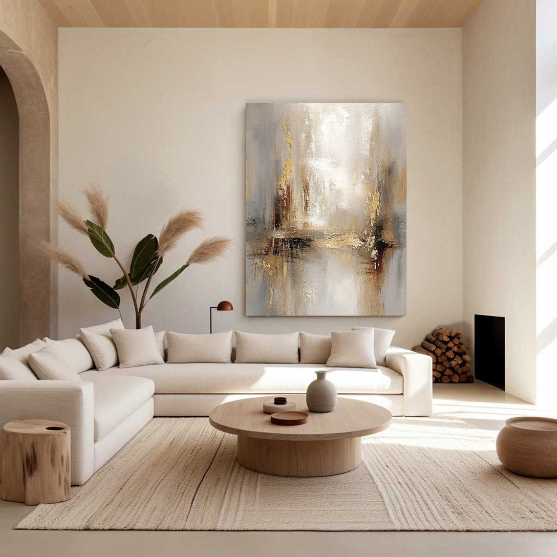 Grey And Beige Abstract Painting Gold Foil Texture Painting#AVG 004