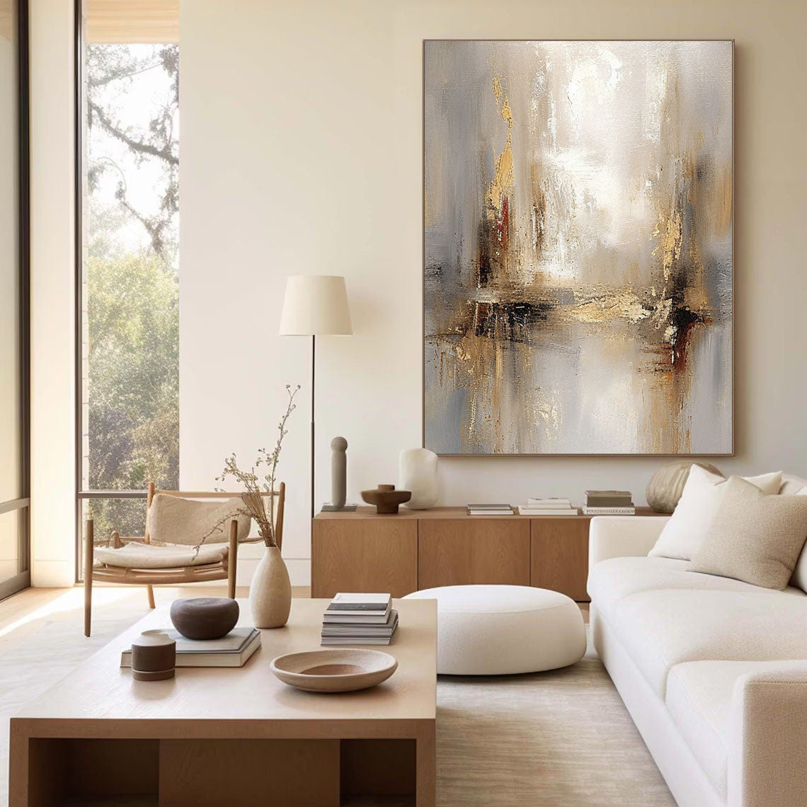 Grey And Beige Abstract Painting Gold Foil Texture Painting#AVG 004