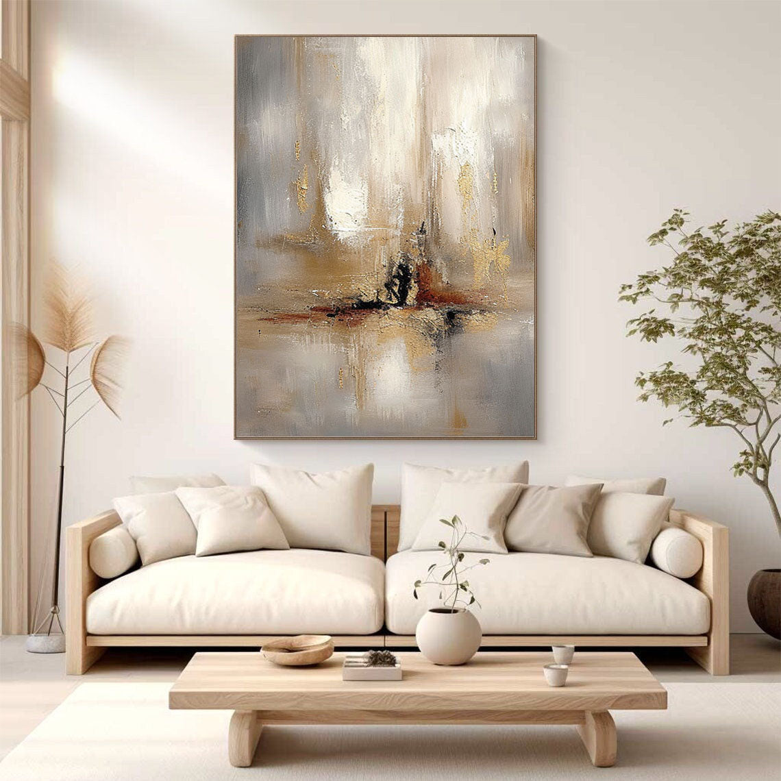 Grey And Beige Abstract Painting Gold Foil Texture Painting#AVG 005