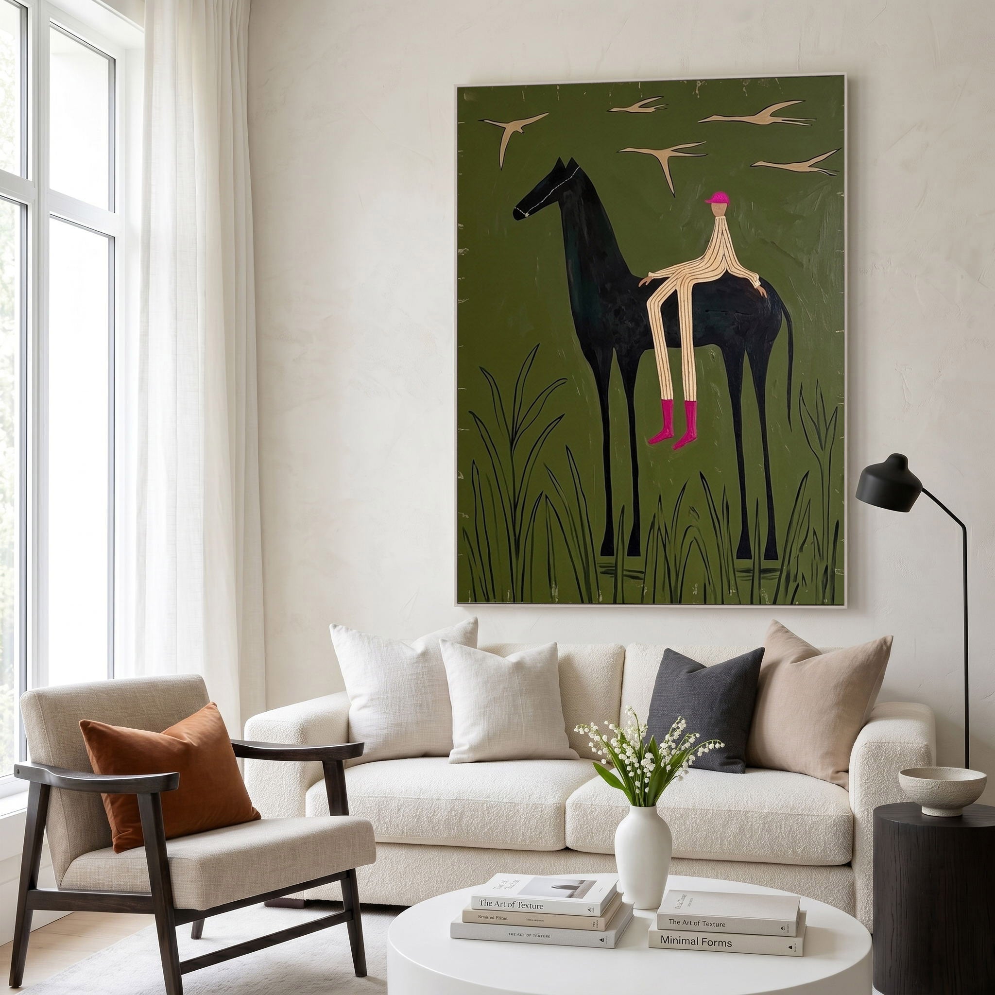 Large Cowboy Horse Wall Art Contemporary Western Green Painting