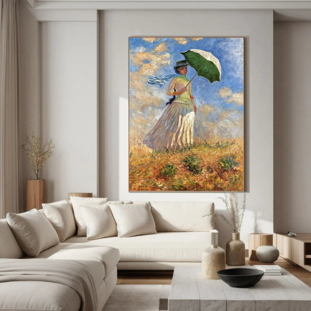 Afternoon Light Across The Meadow Impressionist Painting Woman Parasol Landscape Wall Art
