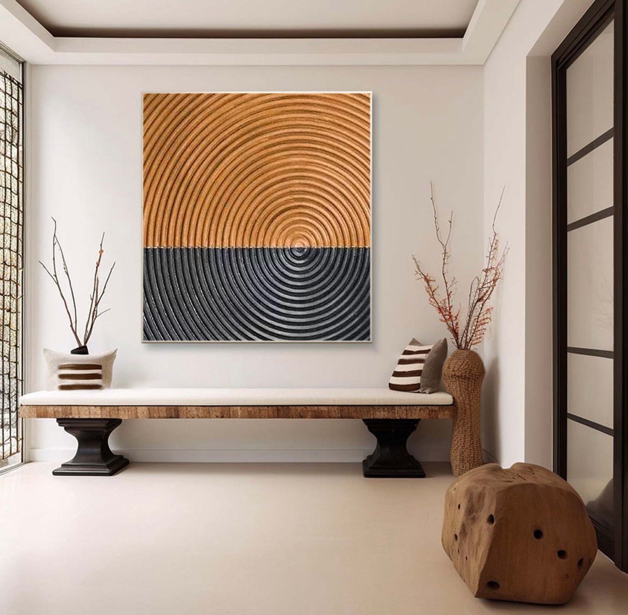 Binary Circles: Abstract Pattern Canvas, Two-Tone Radial Art #BGA 136