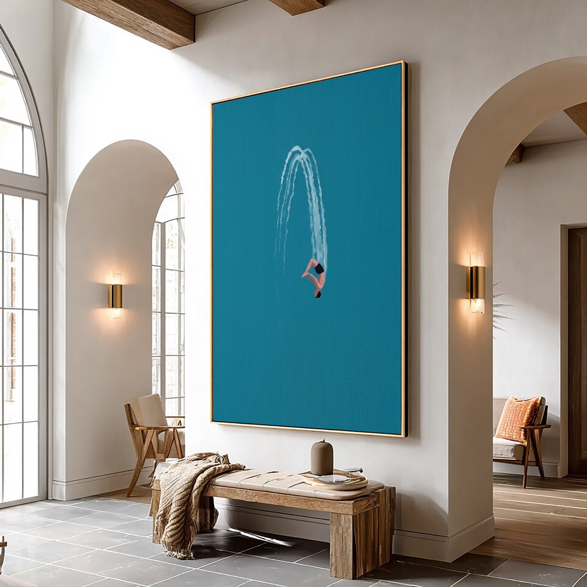 Large Minimalist Diver Wall Art Contemporary Ocean Blue Painting