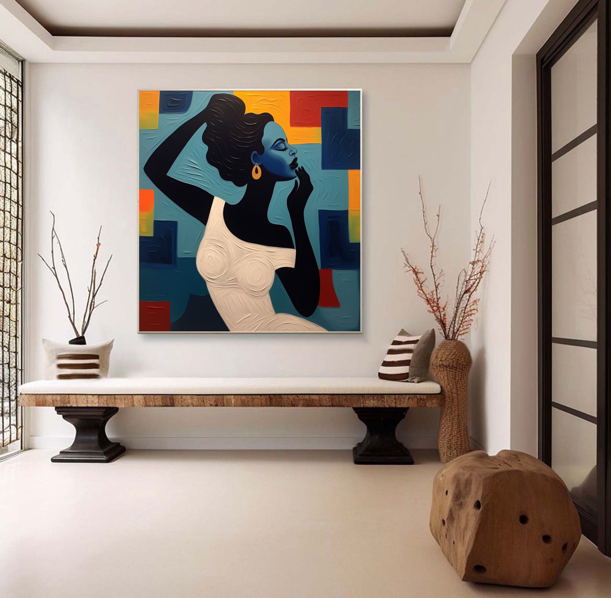 Textured Portrait with Bold Color Geometry, Modern Wall Art #BGA 170