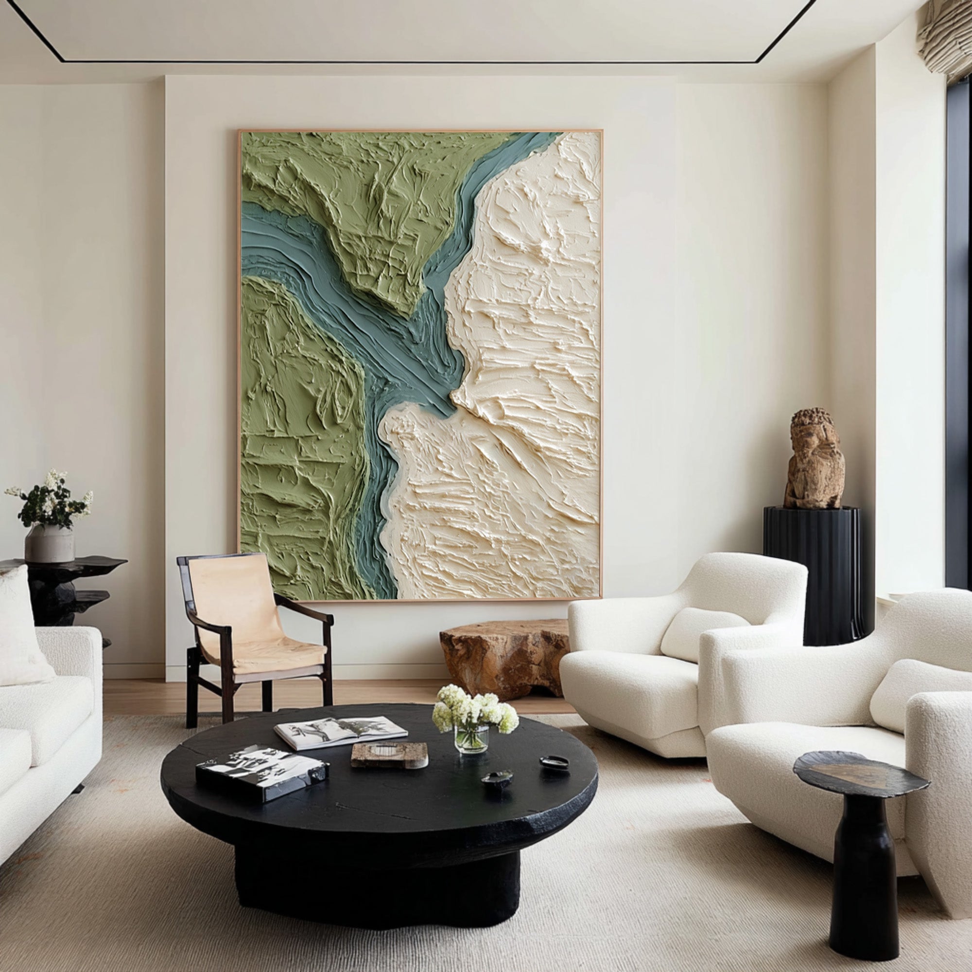 Large Abstract Oil Painting Green Terrain Art, Organic Textured Wall Art for Living Room | ArtvistaGallery #WAB 028