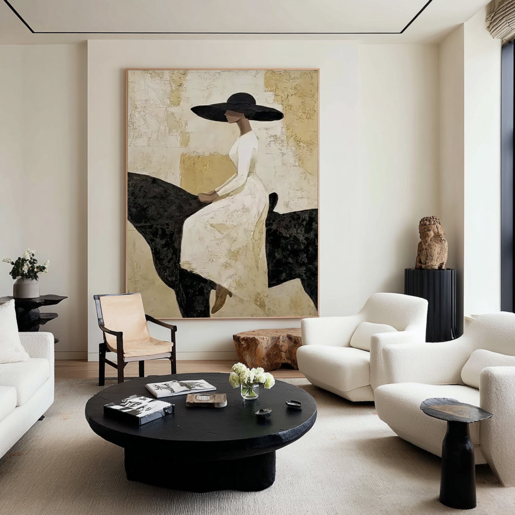 Luxury Woman on Black Horse Painting Elegant Neutral Wall Art