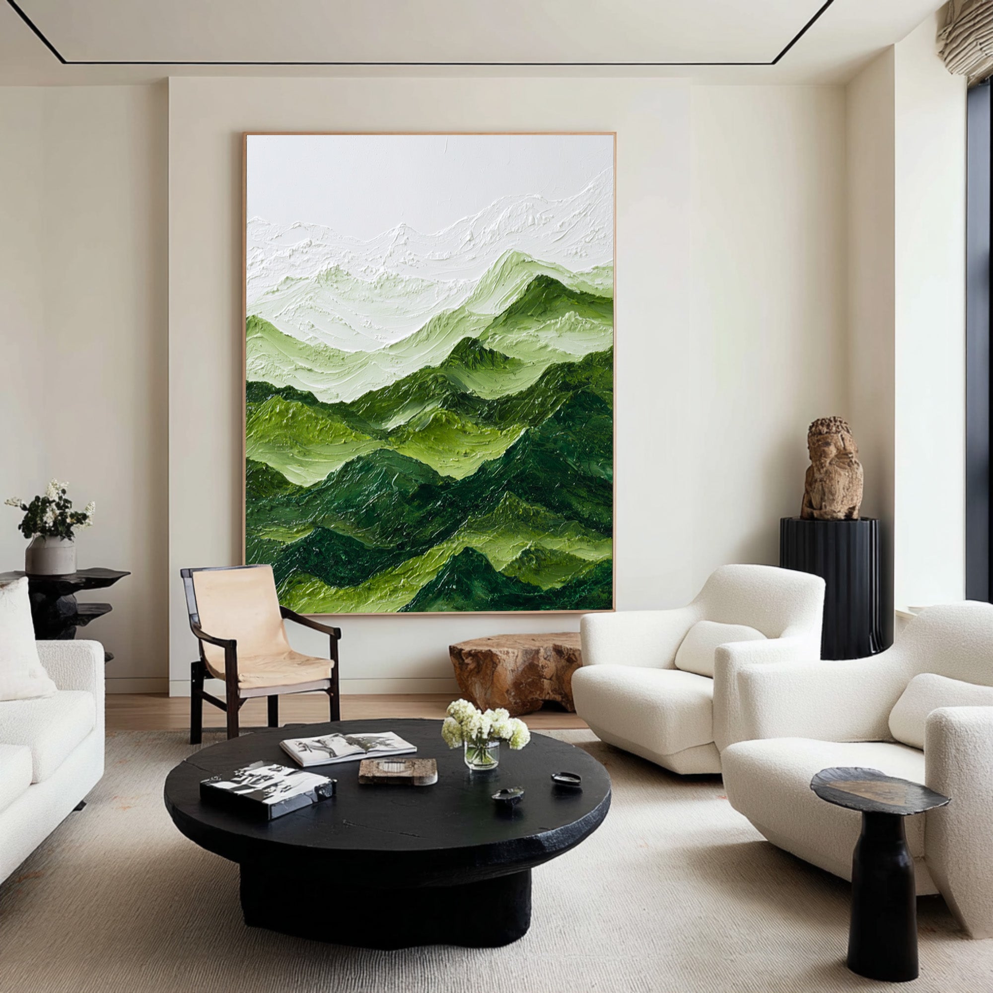 Large Abstract Oil Painting Green Mountain Landscape, Textured Modern Wall Art for Living Room | ArtvistaGallery #WAB 005