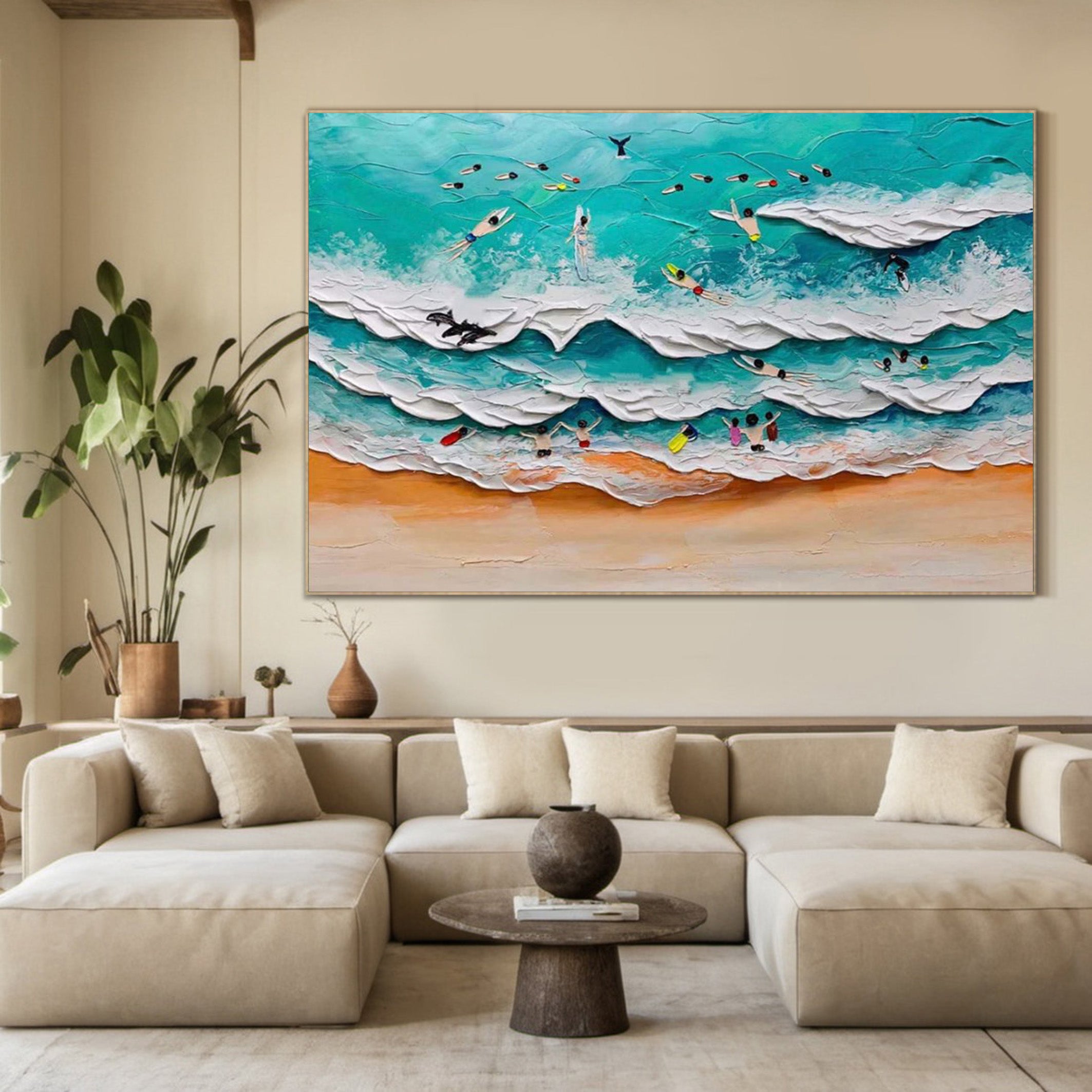 Bold Impasto Surfers, Energetic Beach Wall Painting #BGA 154