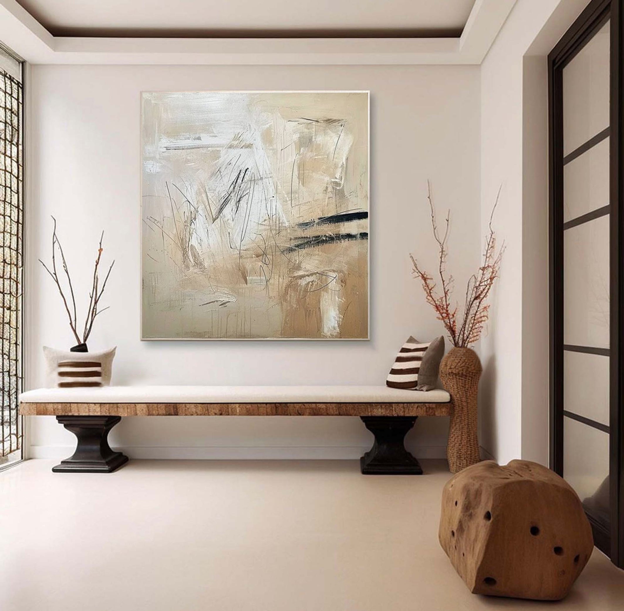Beige Abstract Wall Art, Expressive Brushstrokes Canvas #BGA 135