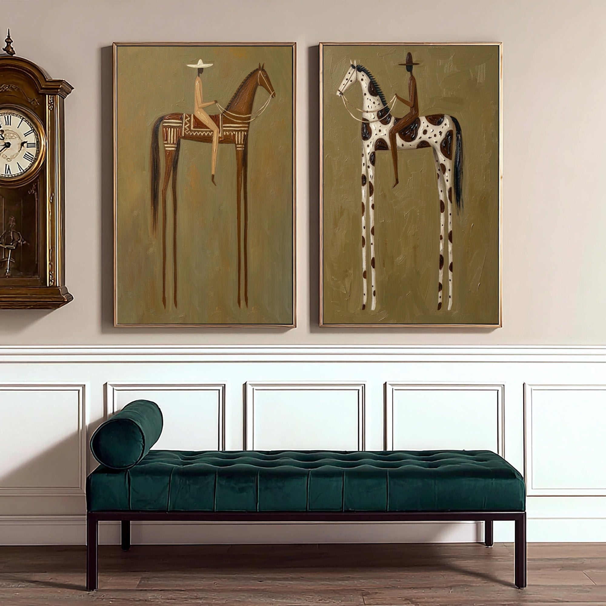 Large Cowboy Cowgirl Wall Art Western Ranch Horse Oil Painting Diptych