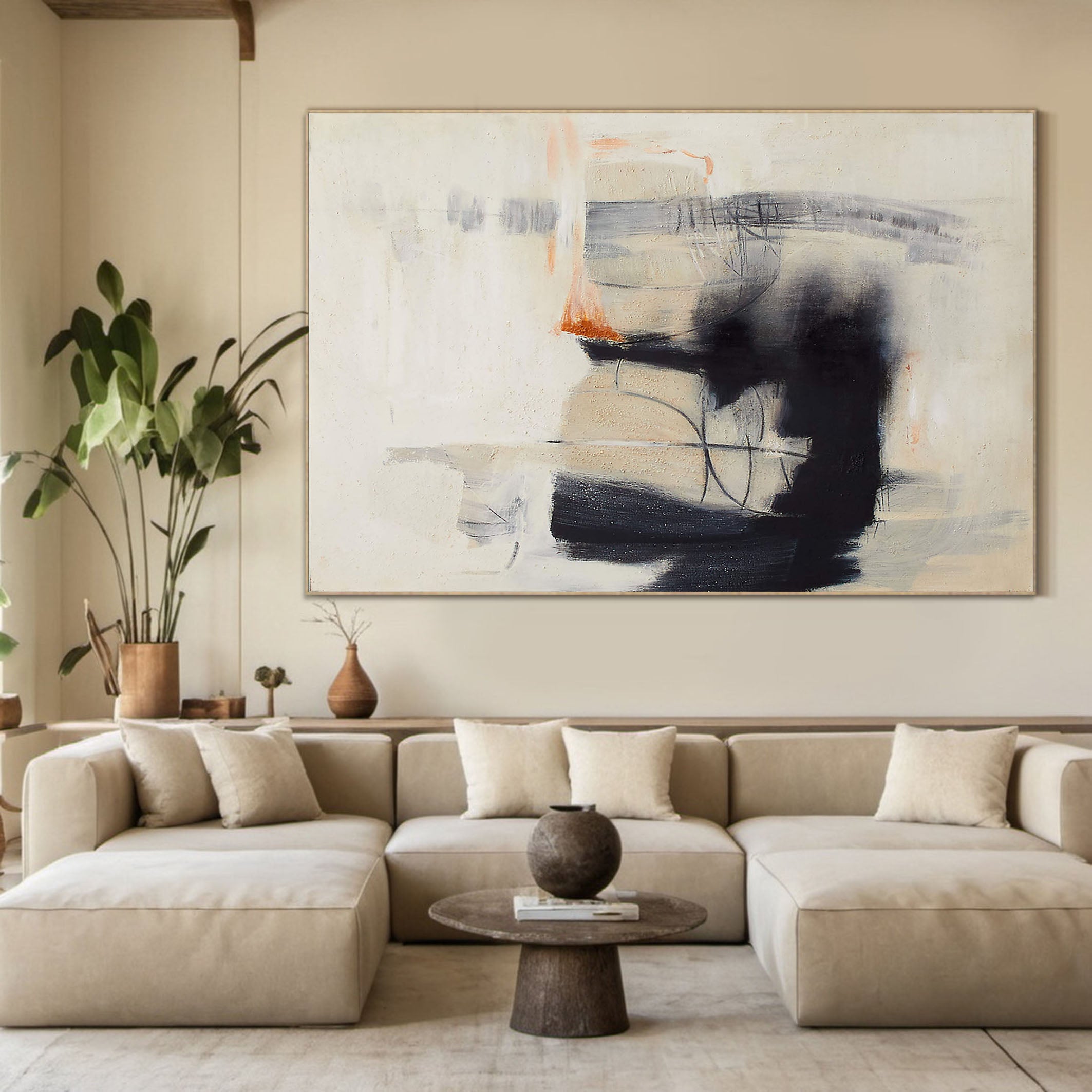 Horizontal Abstraction with Ink-like Marks, Modern Wall Art #BGA 057