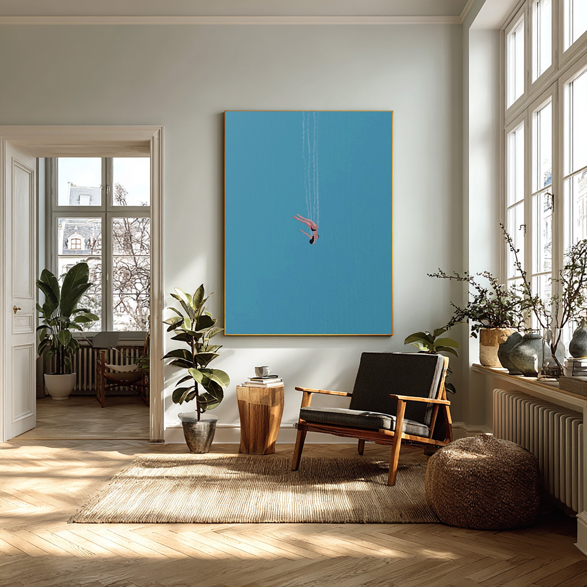 Serene Blue Wall Art Minimalist Diving Painting #WG 095