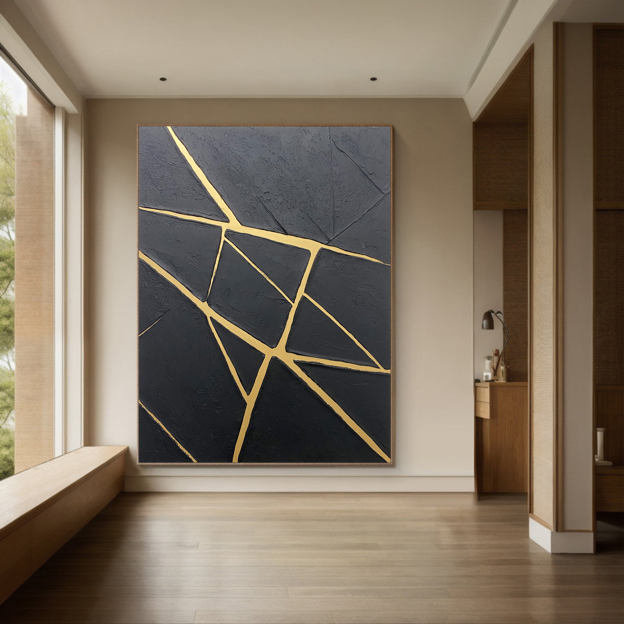 Modern Canvas with Textured Black and Geometric Gold Veins #BGA 195