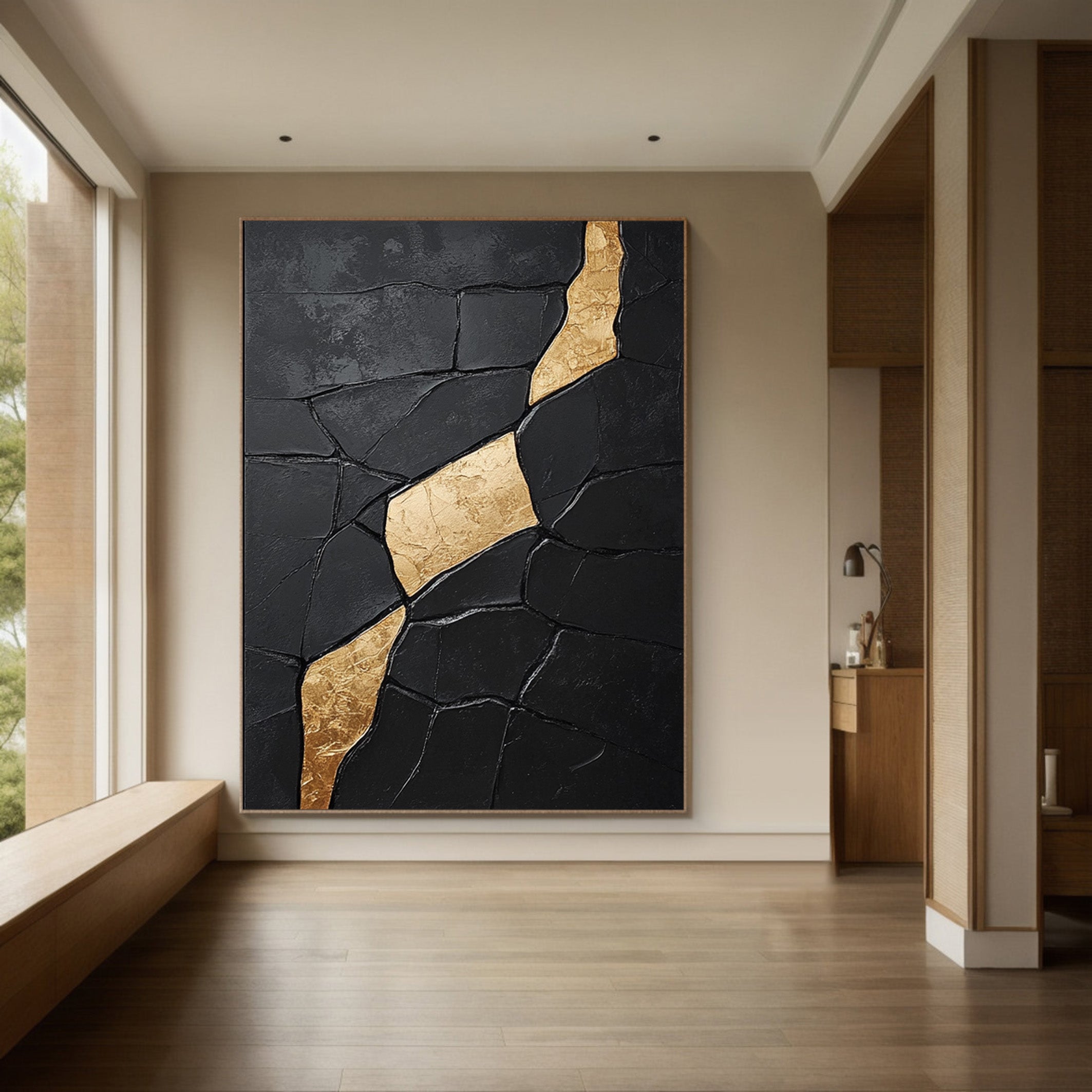 Large Textured Black Abstract with Diagonal Gold Divide #BGA 192