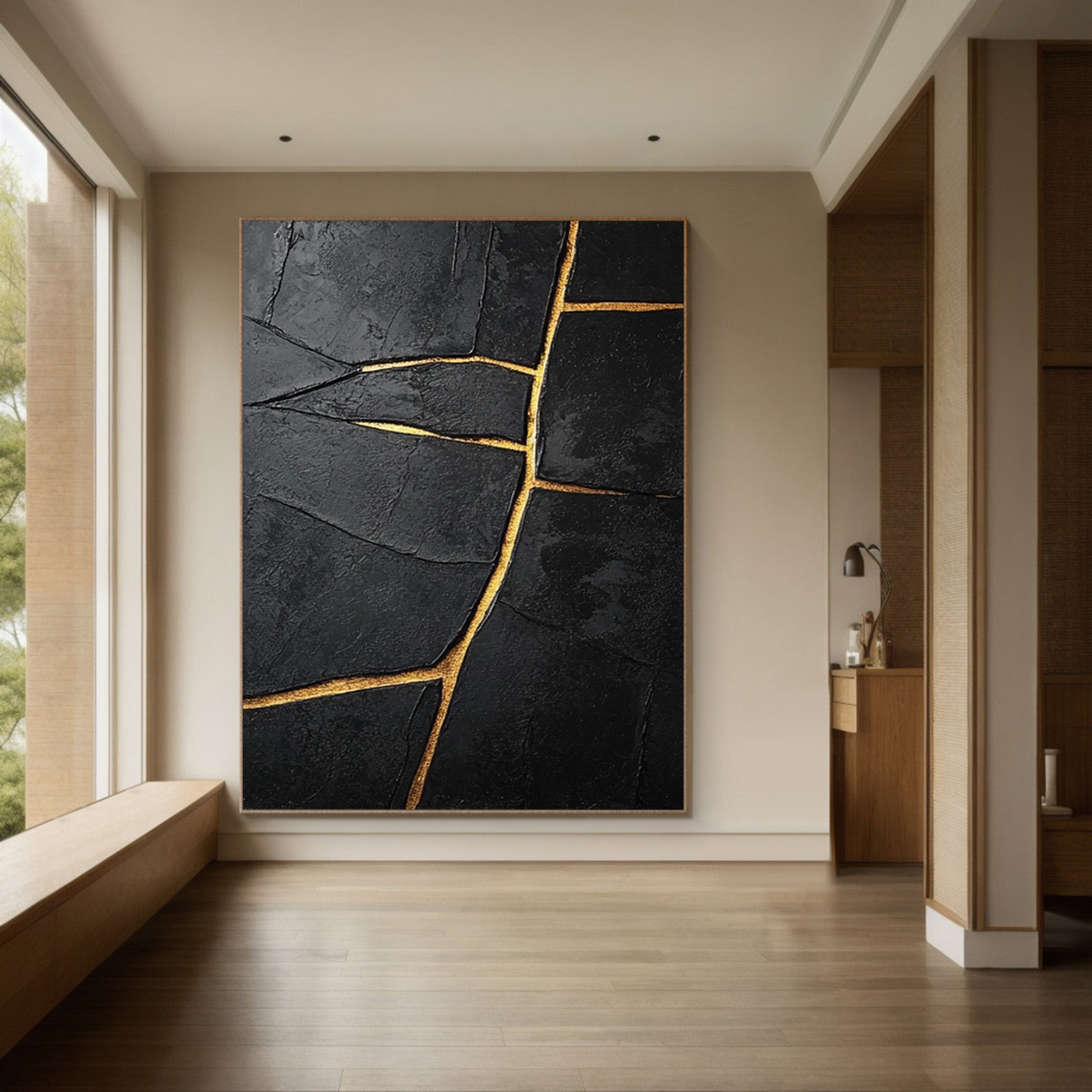 Modern Abstract with Deeply Textured Black and Gold Lines #BGA 186