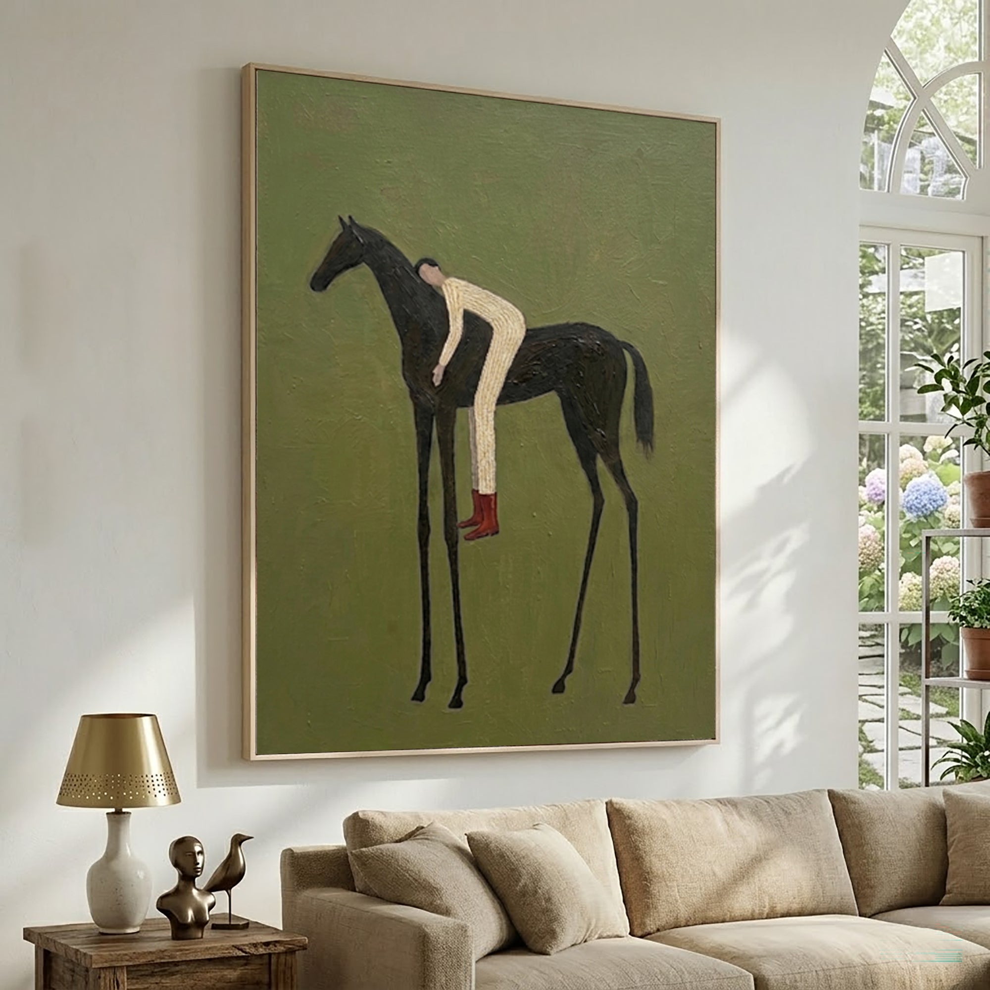 Large Olive Green Equestrian Wall Art Horse Rider Oil Painting Cowboy Cowgirl Inspired Western Americana Artwork Modern Home Decor