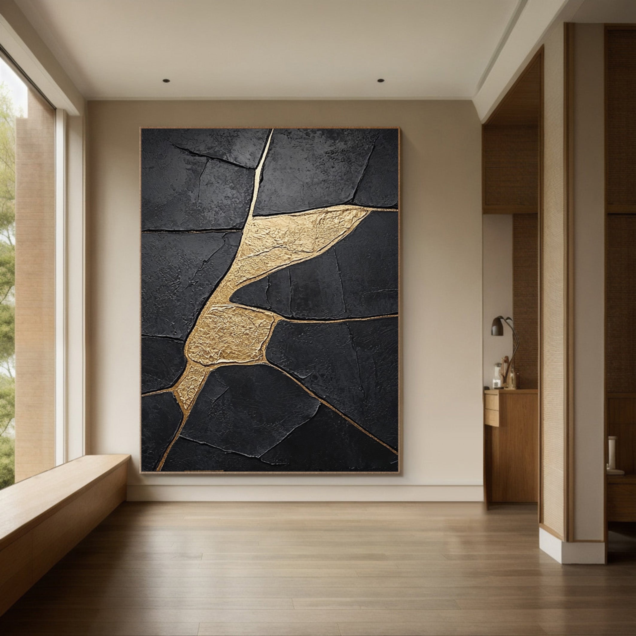 Modern Abstract Canvas with Textured Black and Gold Shapes #BGA 190