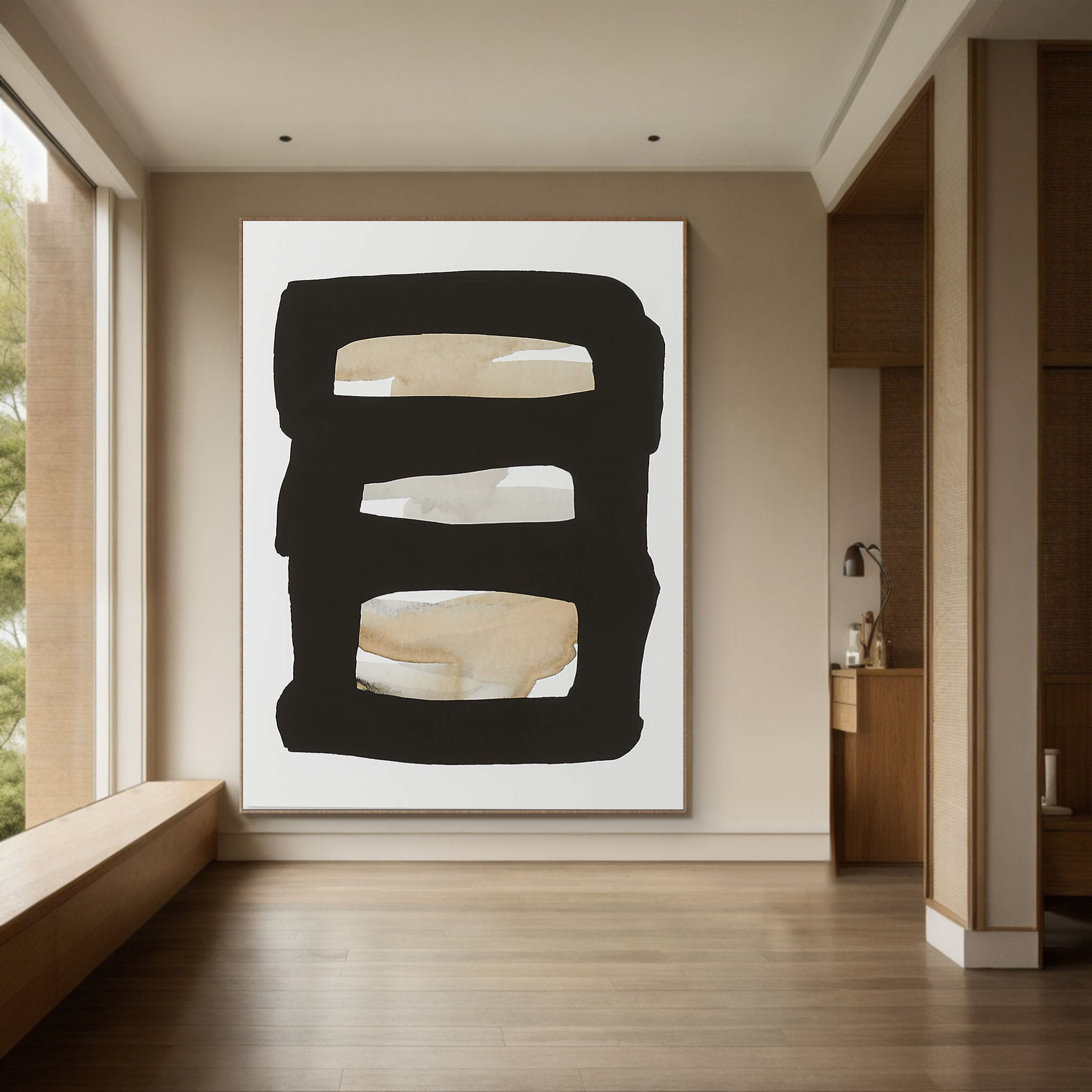 Black Frame with Beige and White Bands, Contemporary Canvas #BGA 050