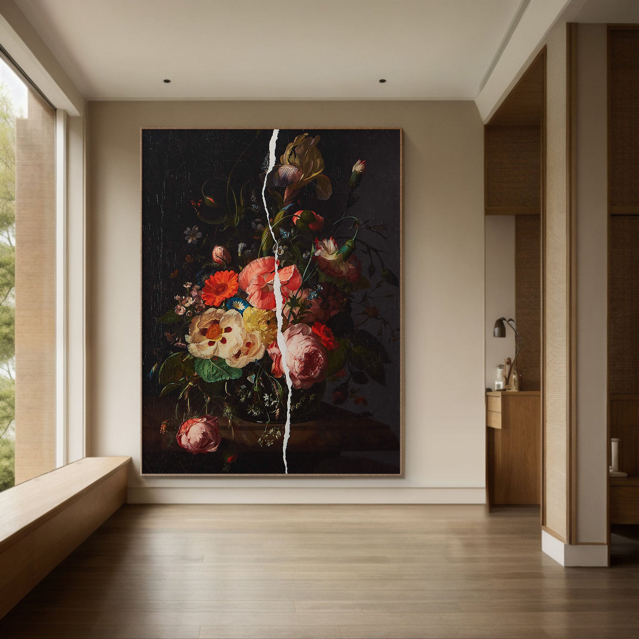 Flowers With White Crack, Large Contemporary Wall Art #BGA 043