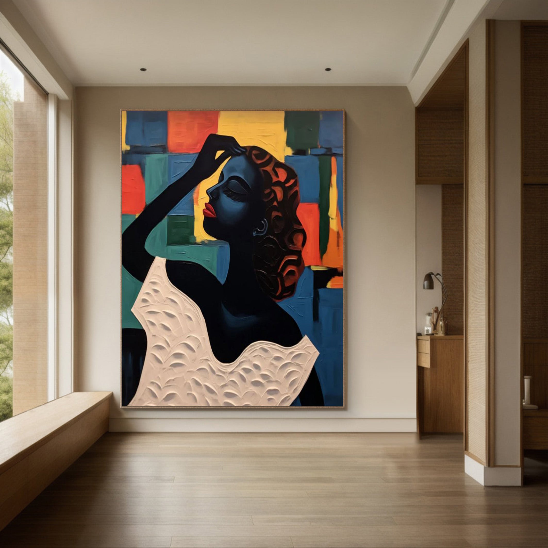 Elegant Portrait with Abstract Geometric Panels, Modern Art #BGA 175