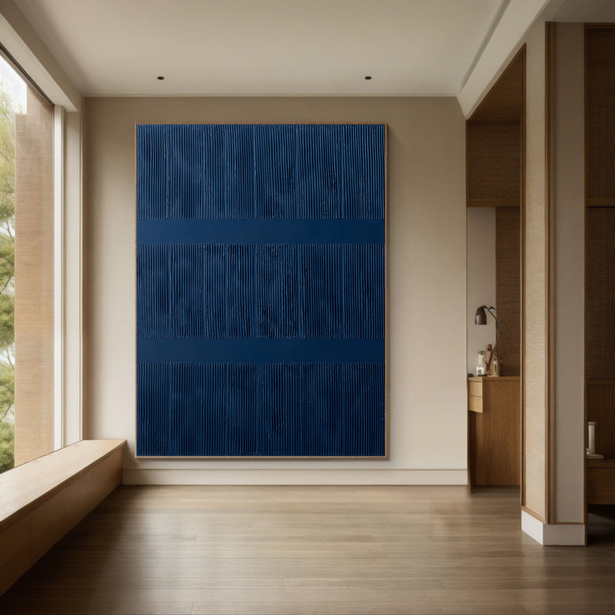 Textured Blue Abstract Minimalist Canvas With Vertical Lines #BGA 040