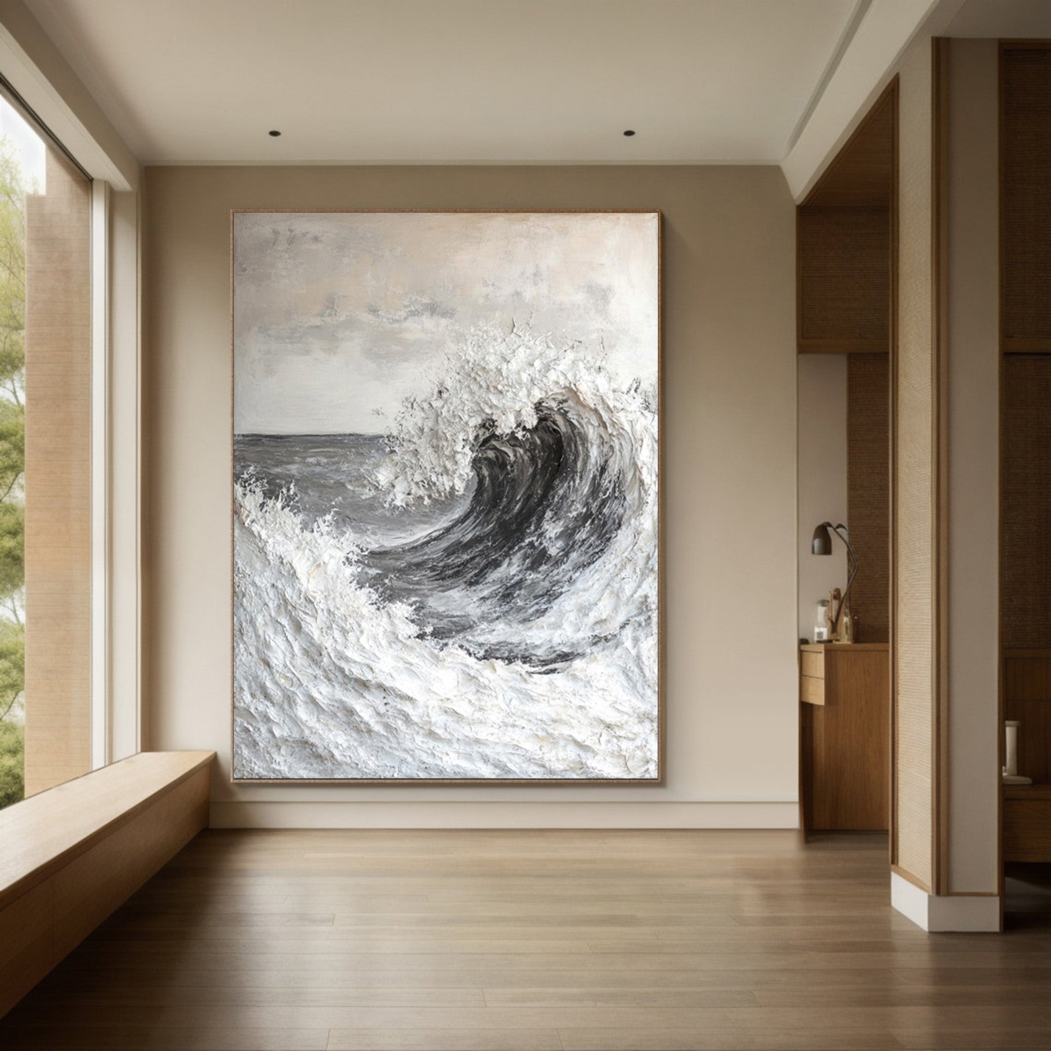 Textured Ocean Wave Wall Painting in Grayscale Impasto #BGA 201