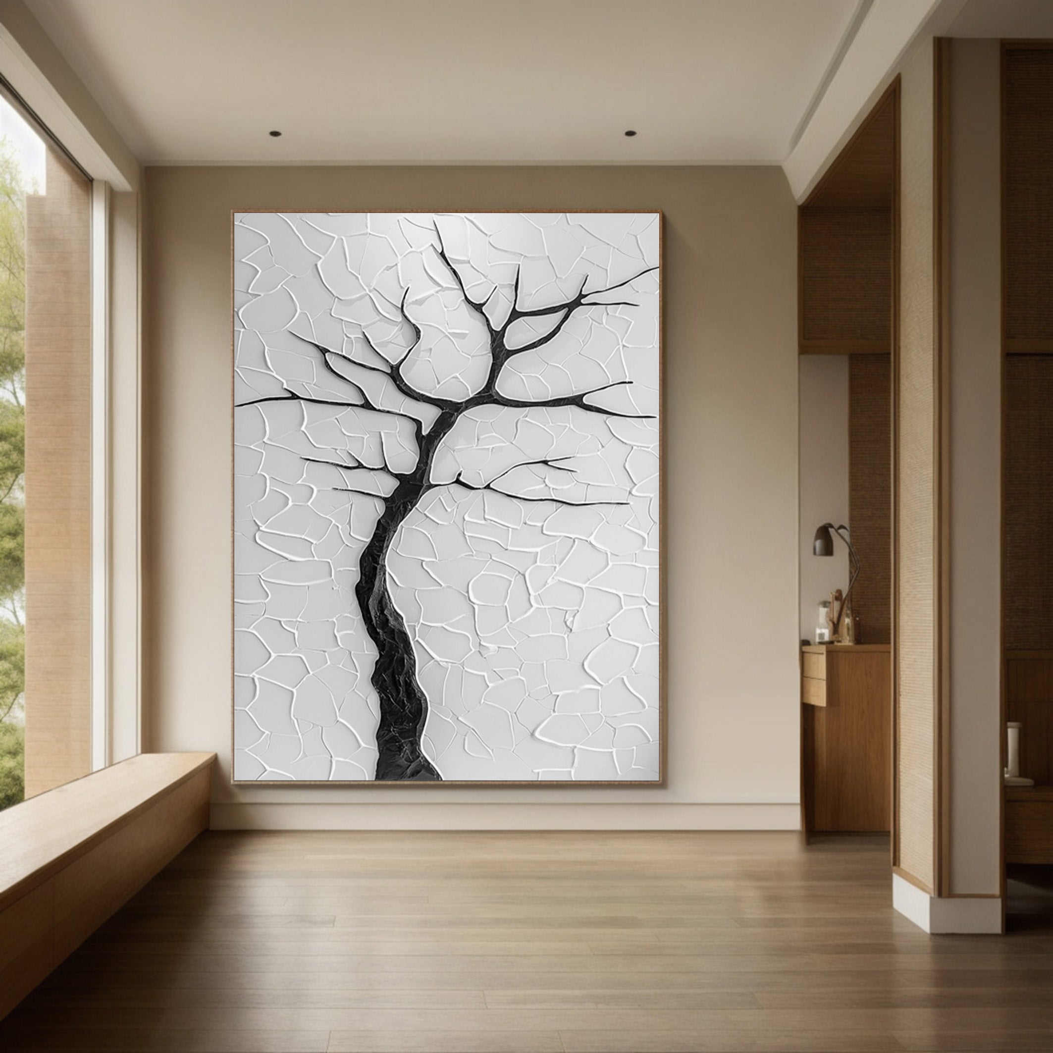 Modern Minimalist Tree Against Cracked White Impasto #BGA 203