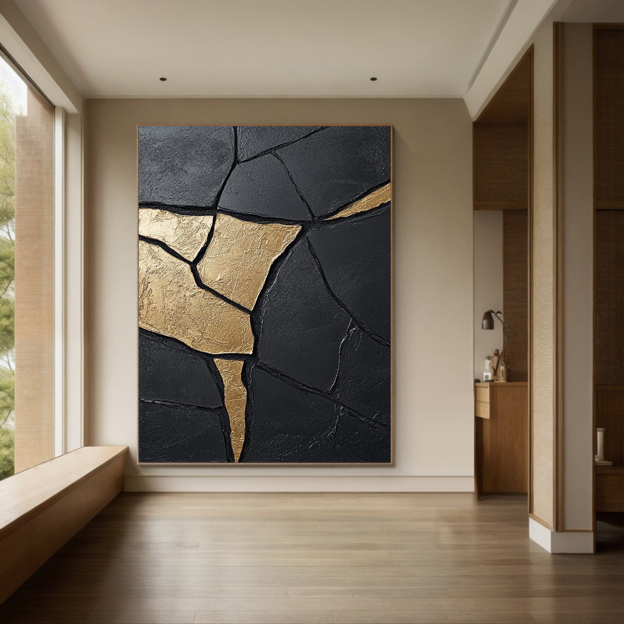 Large Contemporary Black Impasto Art with Organic Gold Shape #BGA 189
