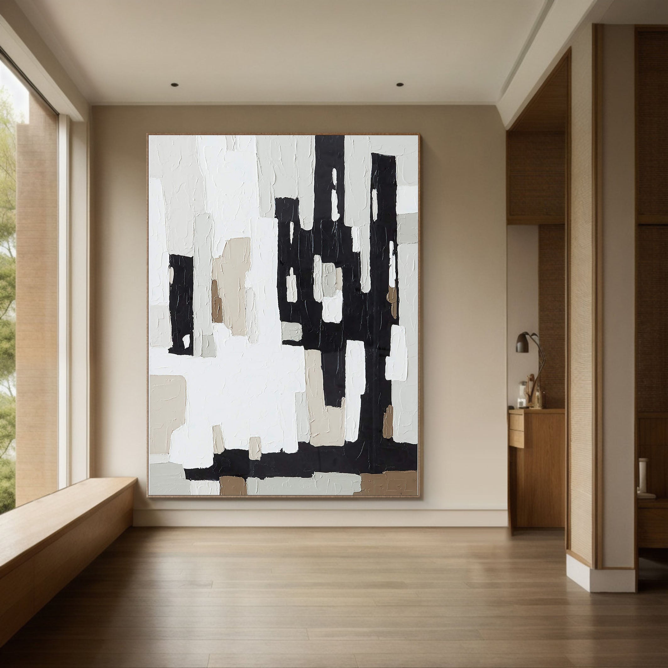 Abstract Geometric Painting With Black, White And Beige #BGA 039
