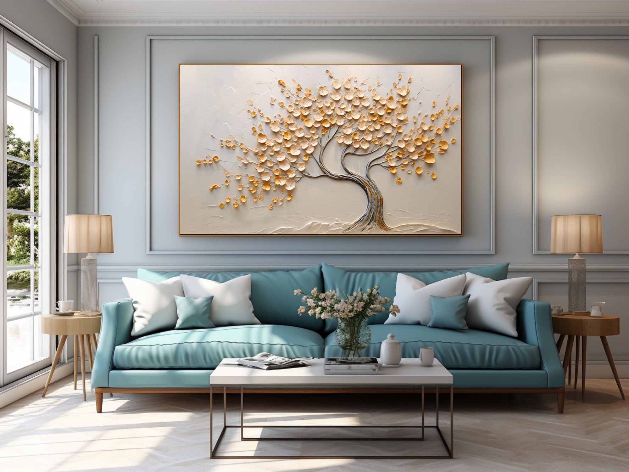 Textured Tree Painting White Impasto Leaves Wall Art #WG 091