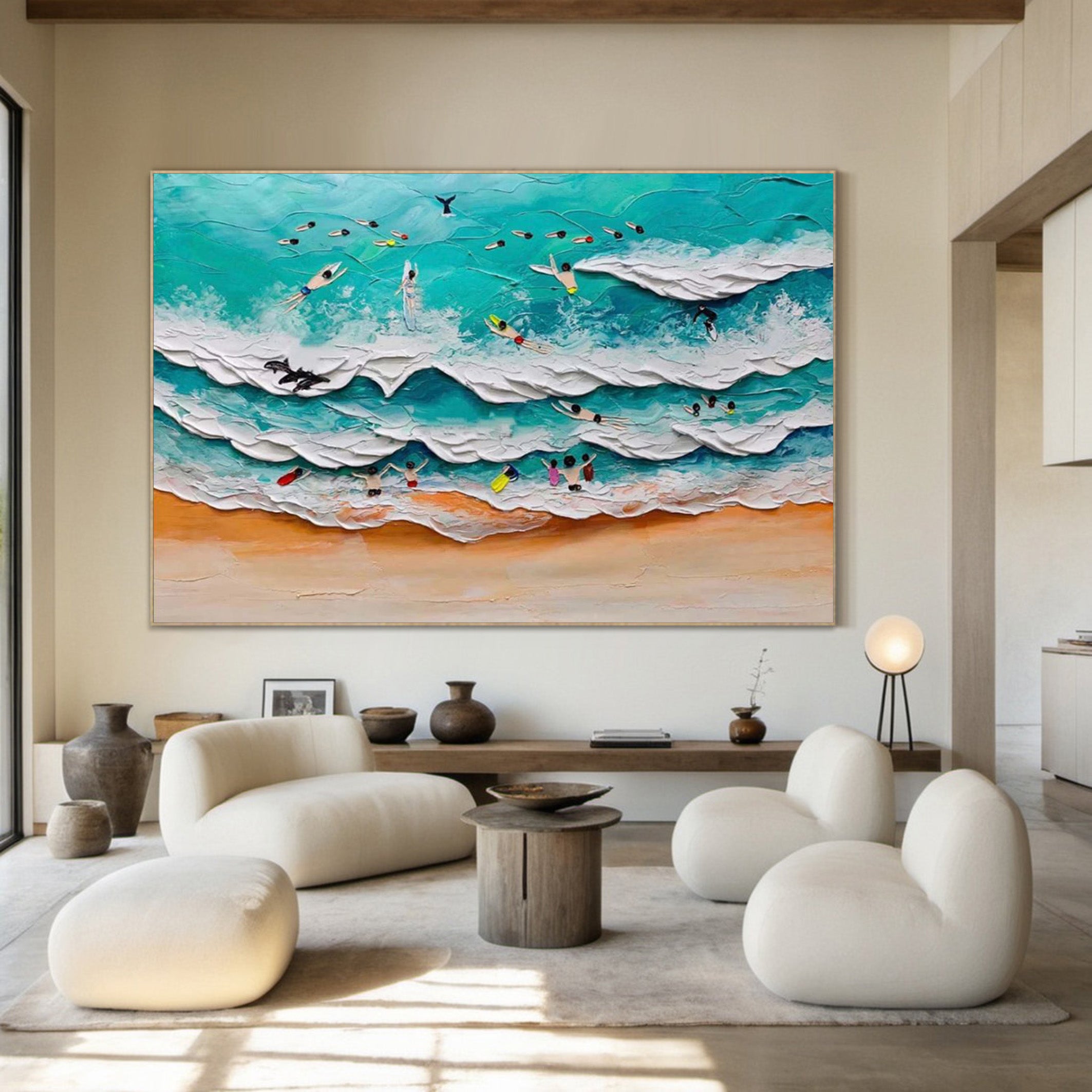 Bold Impasto Surfers, Energetic Beach Wall Painting #BGA 154