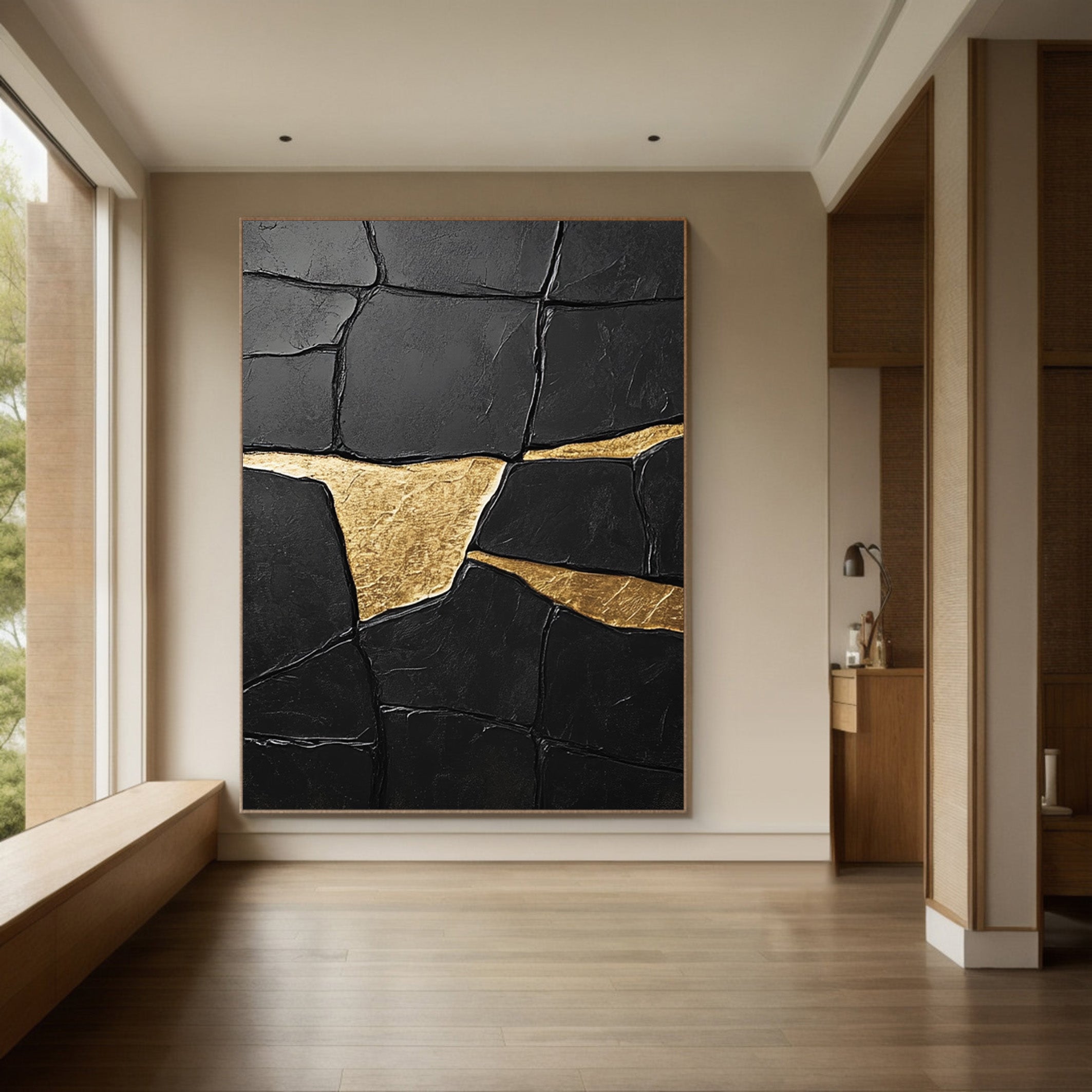 Textured Black Abstract with Irregular Gold Veins, Modern Art #BGA 185