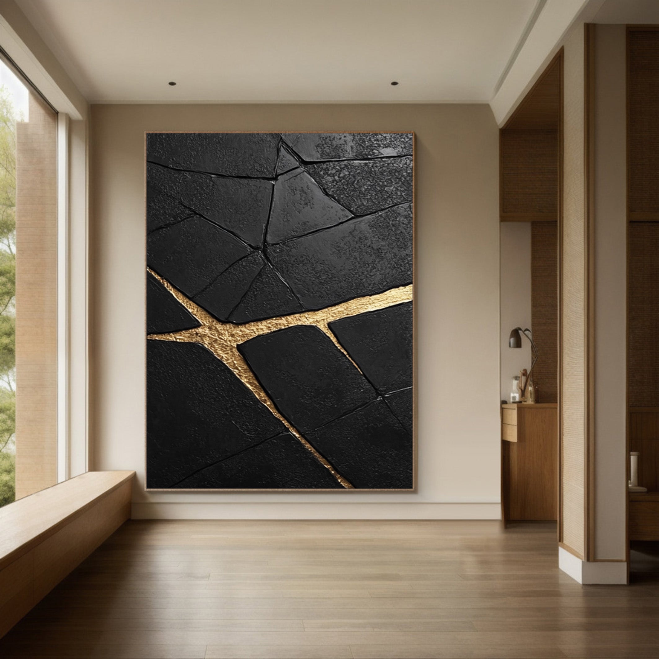 Modern Abstract with Deeply Textured Black and Gold Rivers #BGA 182