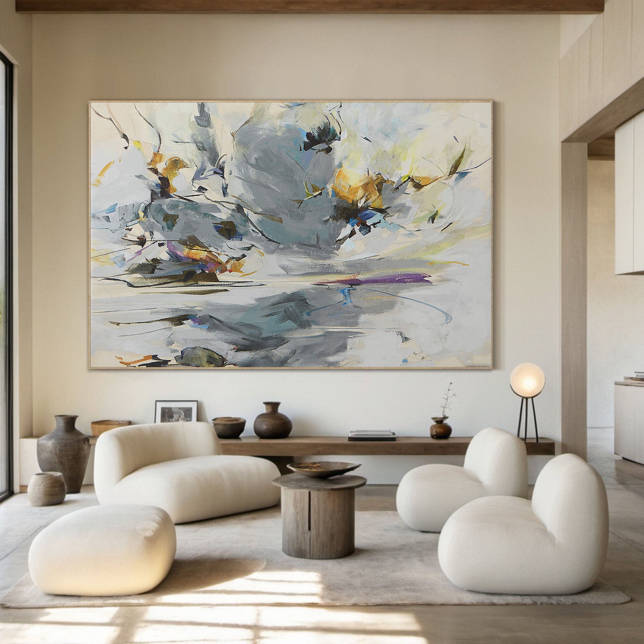 Abstract with Horizontal Lines and Cloudy Forms, Gray Canvas #BGA 054