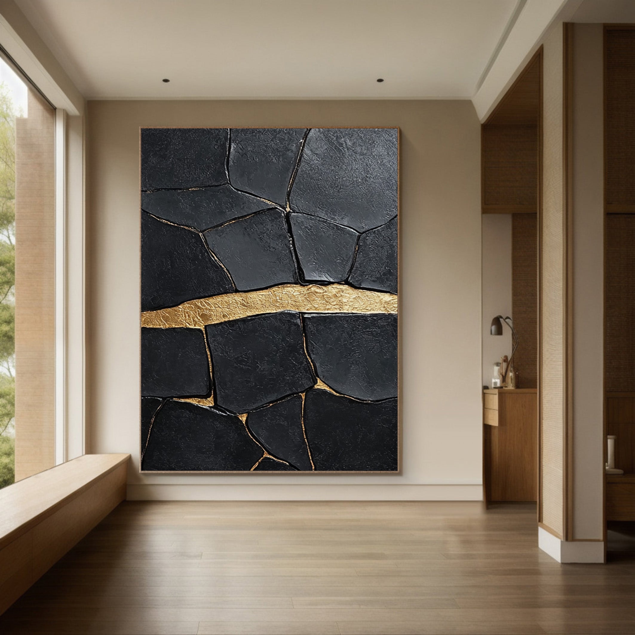 Black Impasto Art with a Bold Golden Fault, Textured Abstract #BGA 184