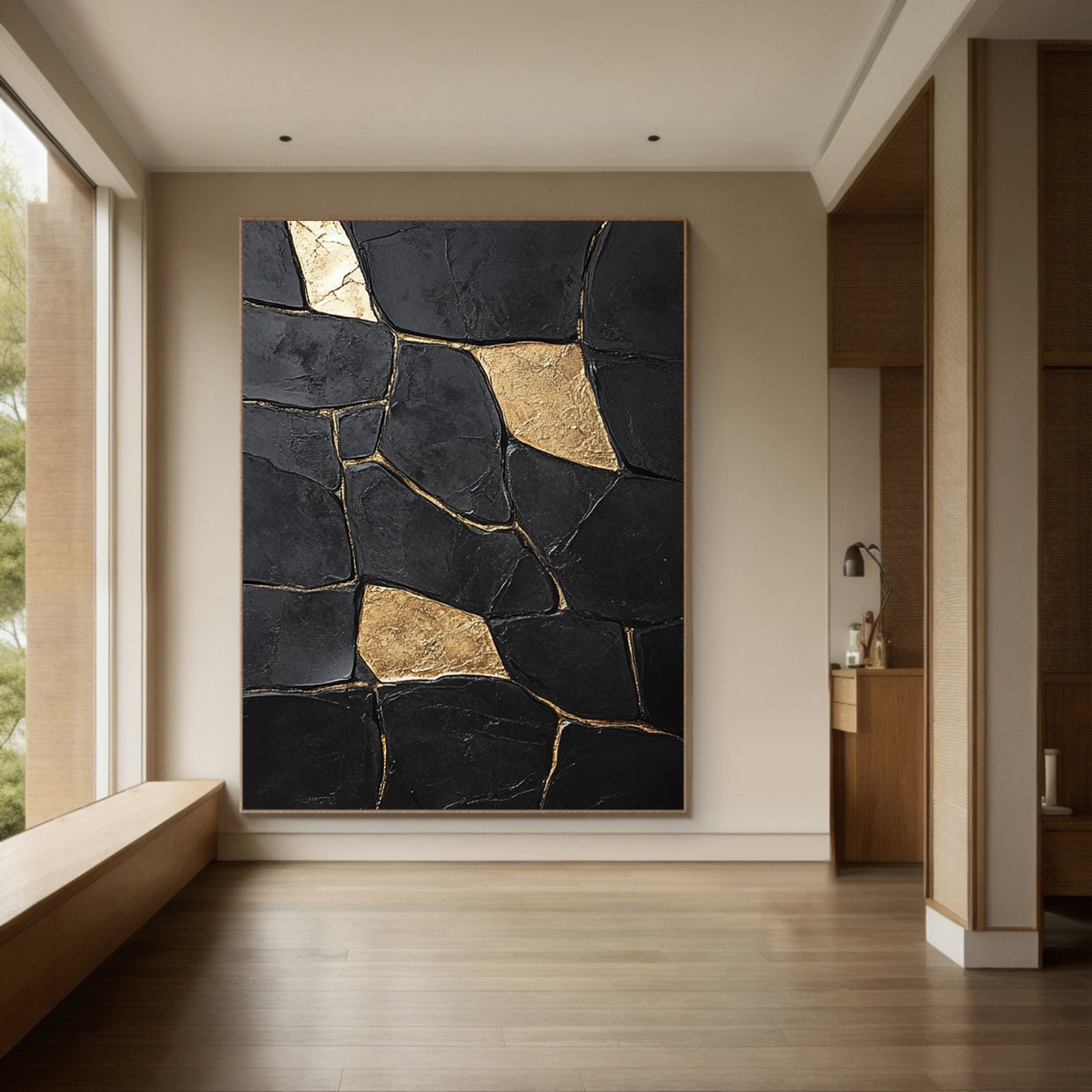 Large Black Impasto Art with Bold Geometric Gold Wall Decor #BGA 188