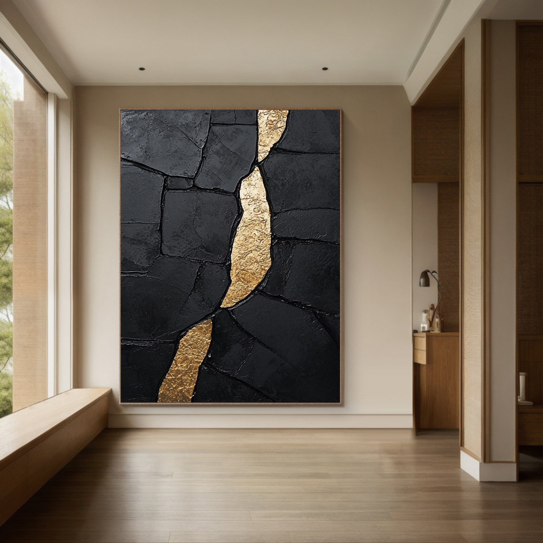 Black Impasto Canvas with Striking Vertical Organic Gold Shape #BGA 191