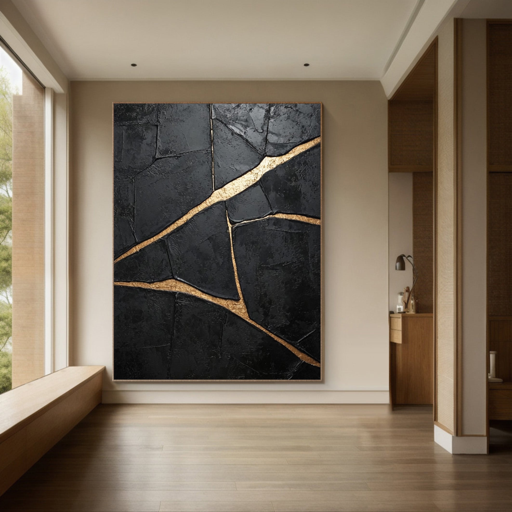 Heavily Textured Black Art with Gold Seams, Modern Canvas #BGA 183