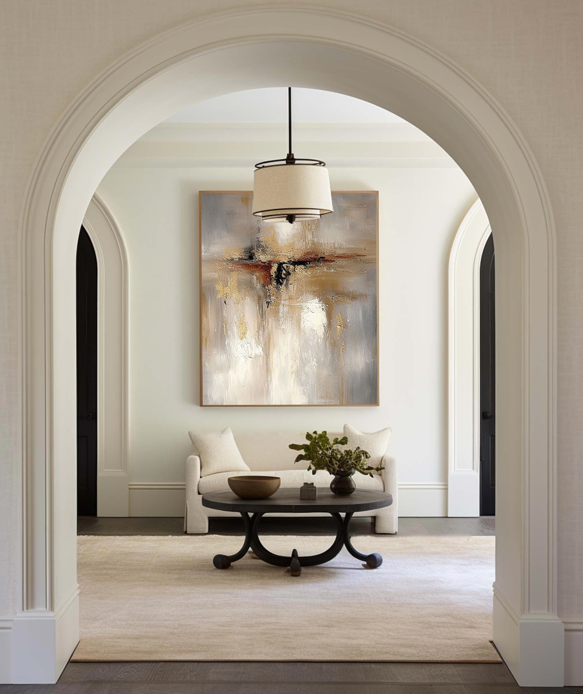 Grey And Beige Abstract Painting Gold Foil Texture Painting#AVG 005