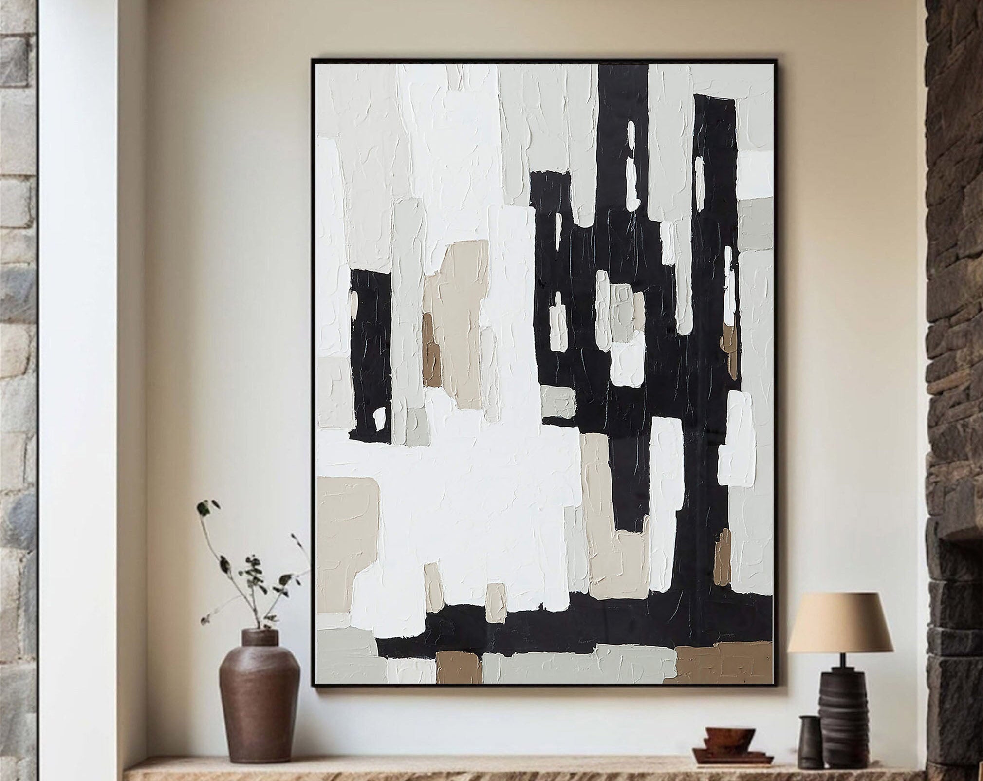 Abstract Geometric Painting With Black, White And Beige #BGA 039