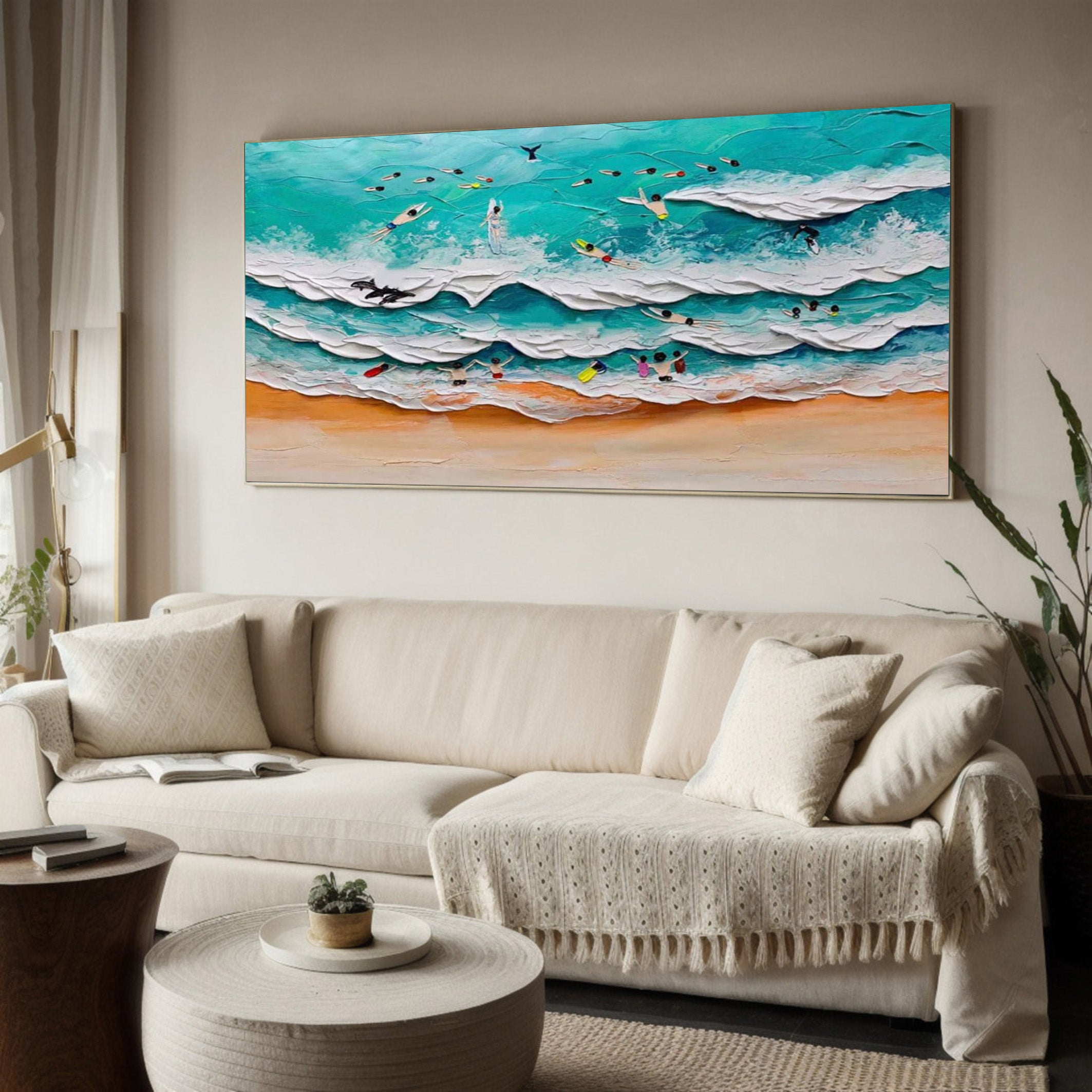 Bold Impasto Surfers, Energetic Beach Wall Painting #BGA 154