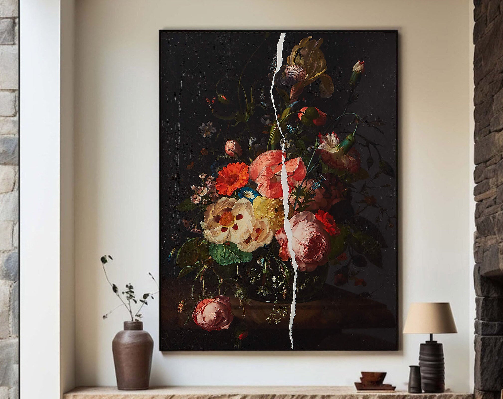 Flowers With White Crack, Large Contemporary Wall Art #BGA 043