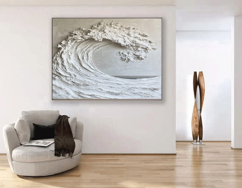 Large White Wave Abstract Art Textured Coastal Decor #WG 048