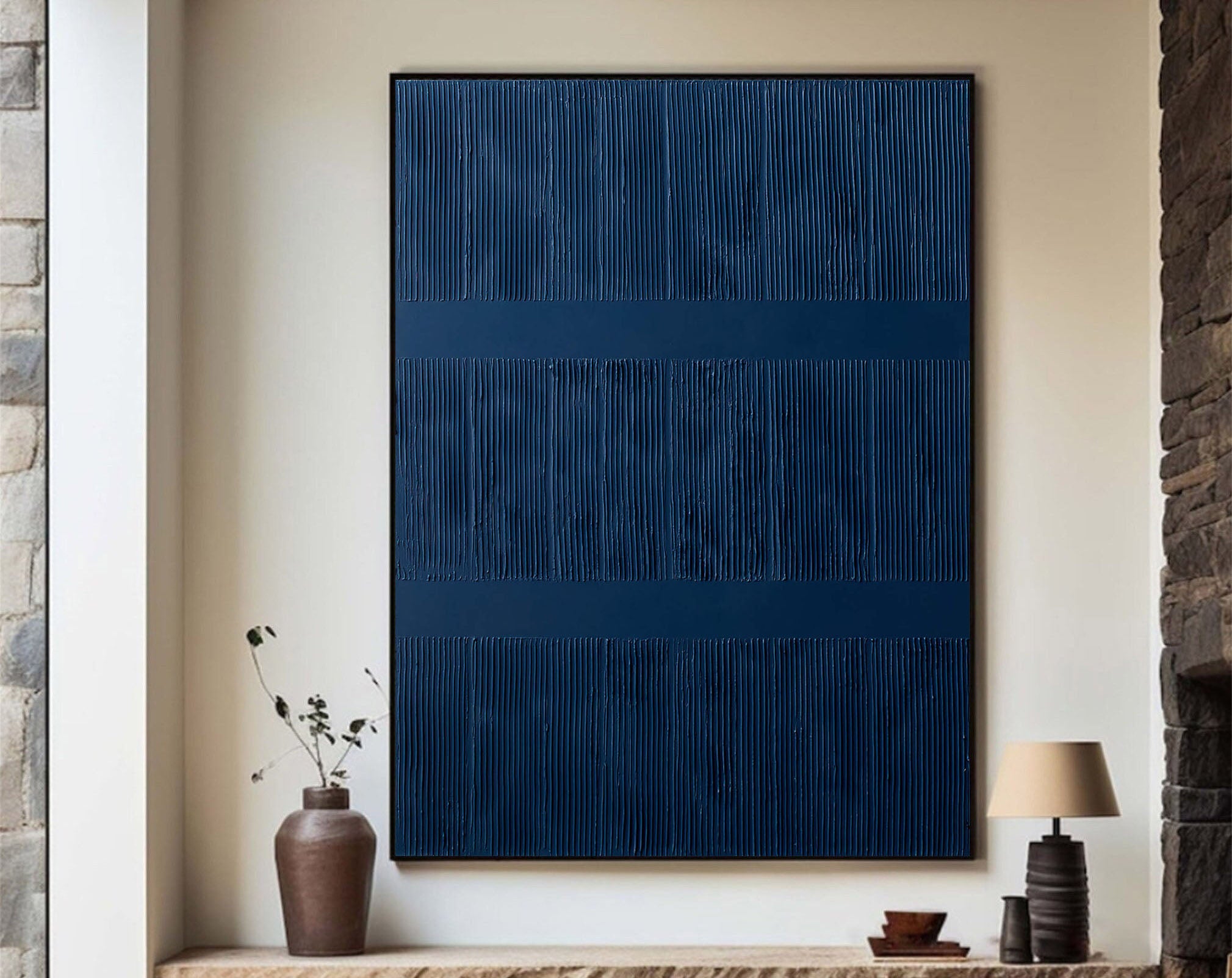 Textured Blue Abstract Minimalist Canvas With Vertical Lines #BGA 040
