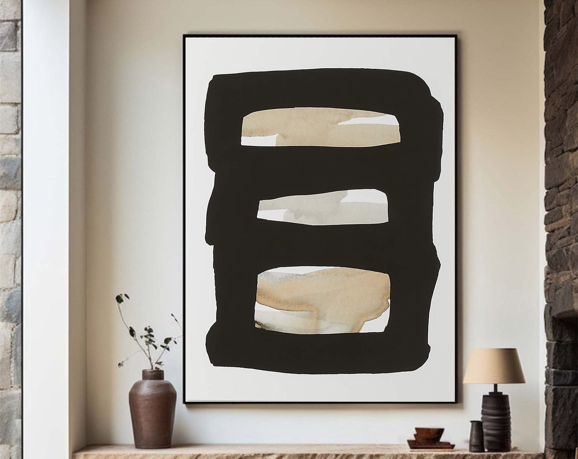 Black Frame with Beige and White Bands, Contemporary Canvas #BGA 050