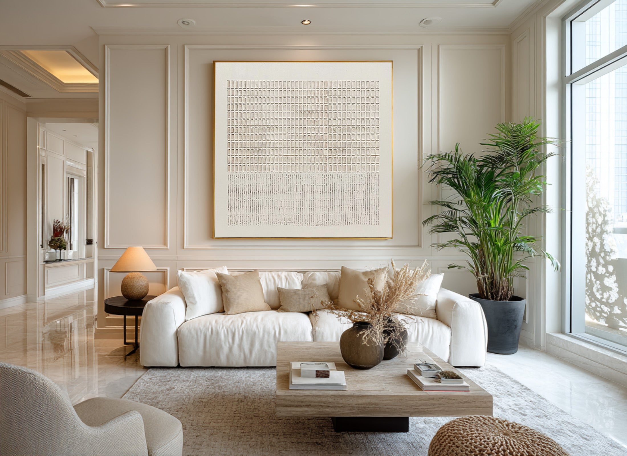 Large Contemporary Abstract Oil Painting, Beige Grid Textured Art for Modern Interior #WAB 018