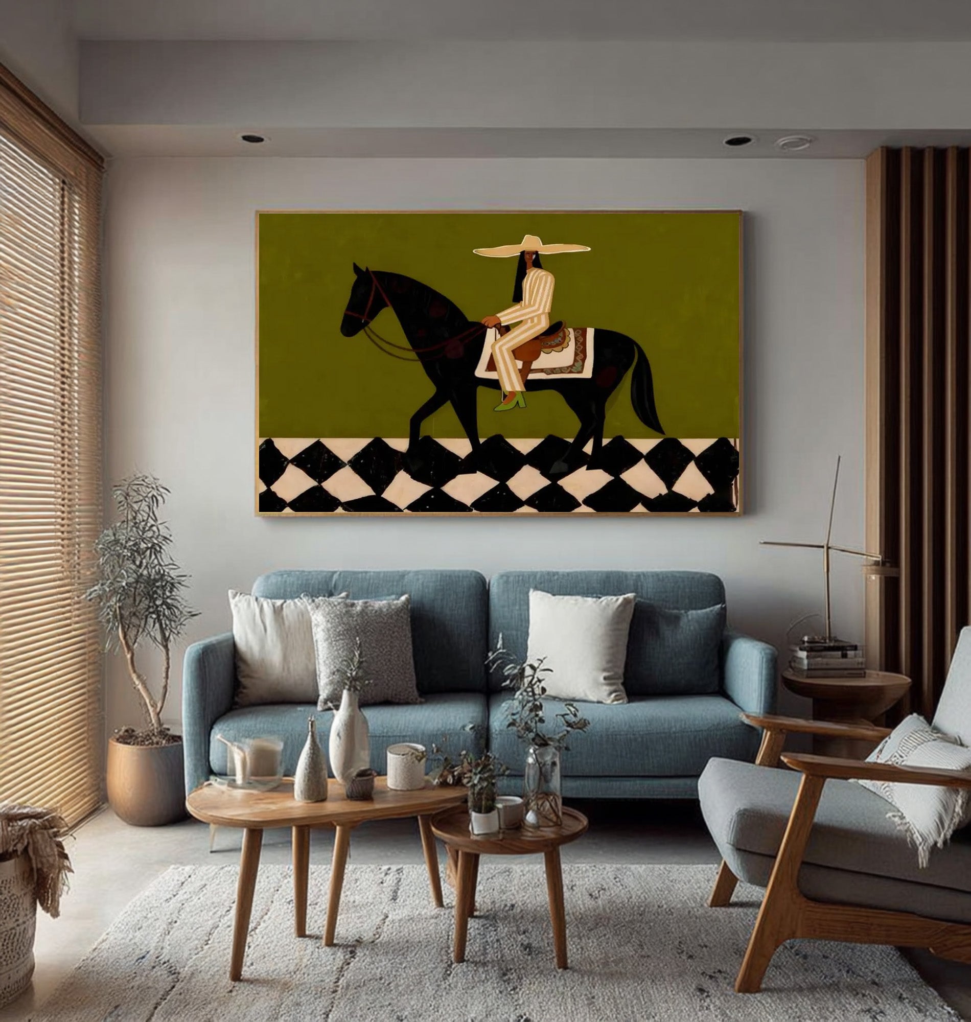Large Western Rider Wall Art Green Abstract Horse Painting | ArtvistaGallery